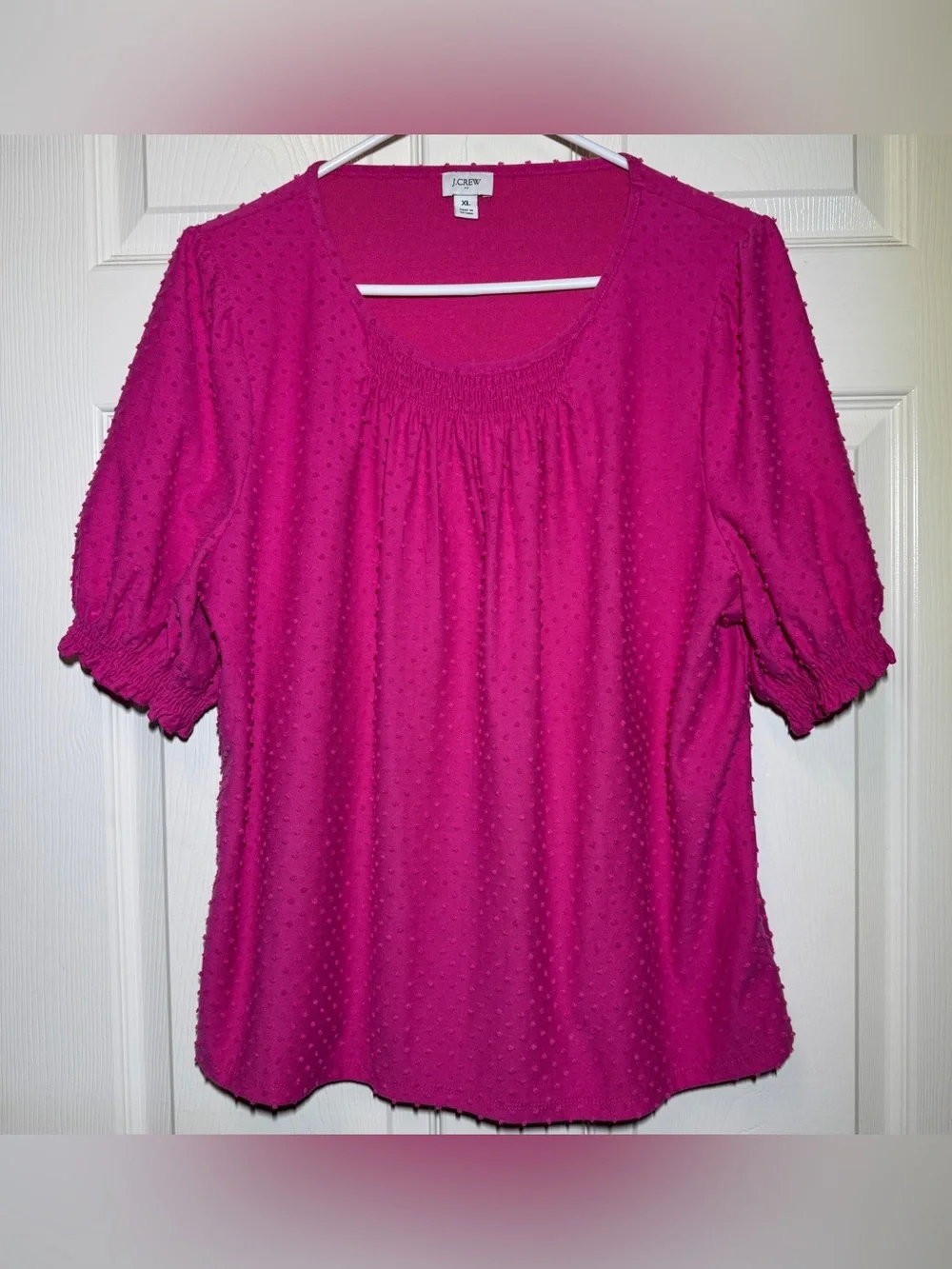J. Crew Women's Fuchsia Dot-Texture Scoop Neck Smocked Puff Sleeve Top